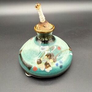 Vintage Studio Pottery Ceramic Oil Lamp Turquoise Teal Glaze Wick Footed